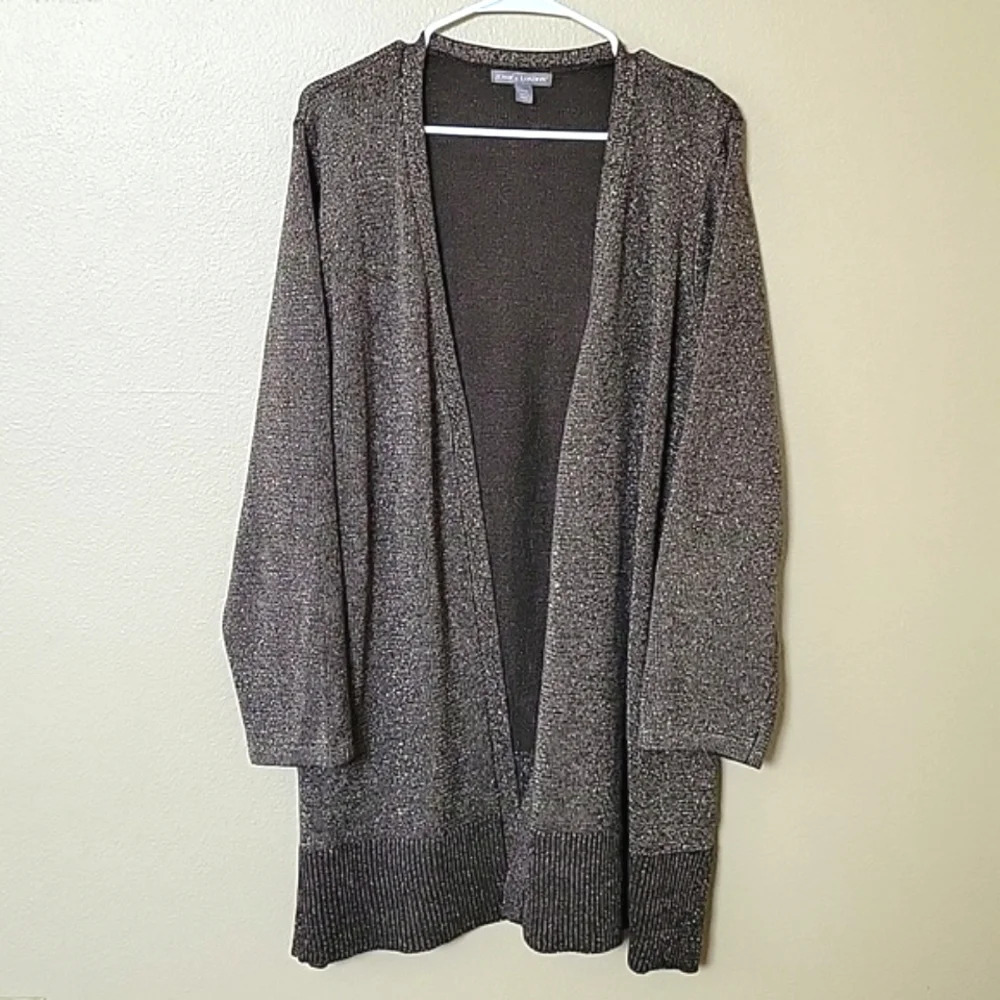 Jessica London Plus Size Brown Gold Metallic Open Front Longline Cardigan